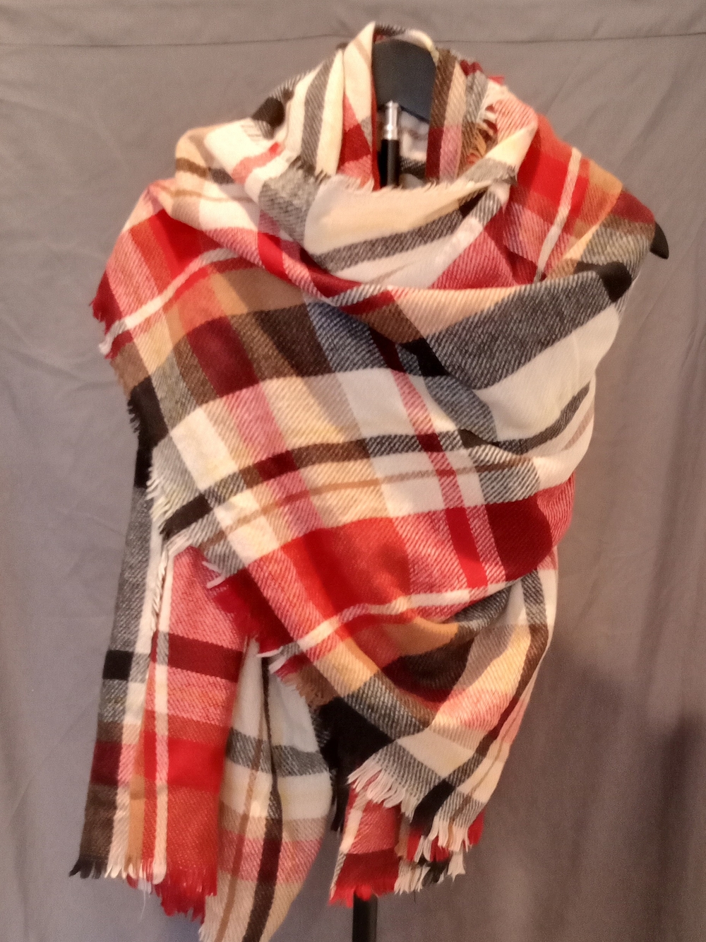 Cozy Plaid Throw Blanket Scarf in Red, Cream and Brown Preppy Western Classic